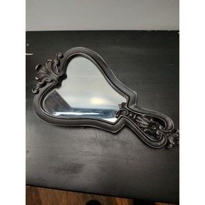 Vintage Floral Hand Mirror Porcelain painted wood look Unbranded Black Distress